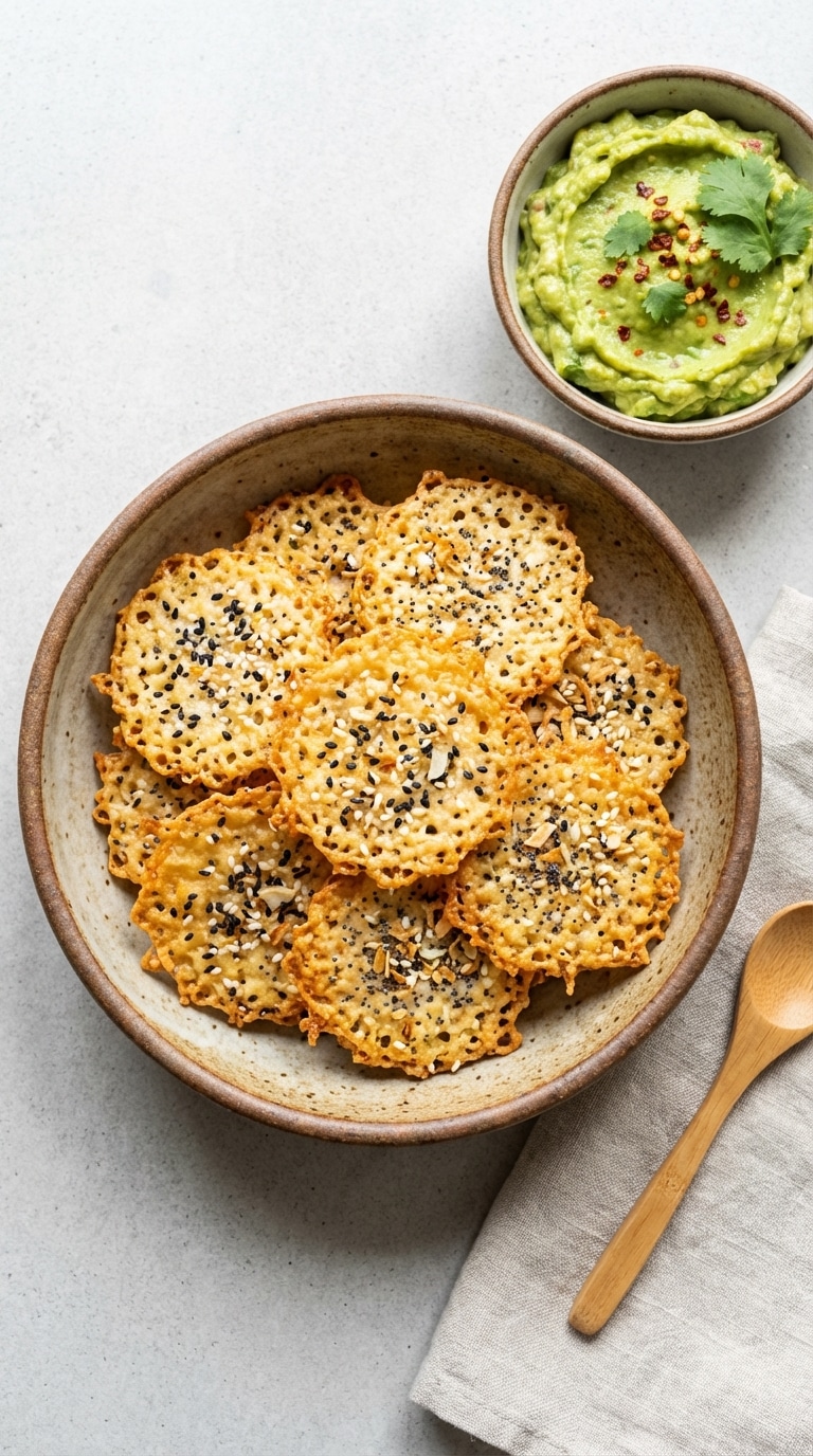 A bowl of golden, lacy baked cottage cheese chips seasoned with spices, sitting next to a bowl of guacamole.