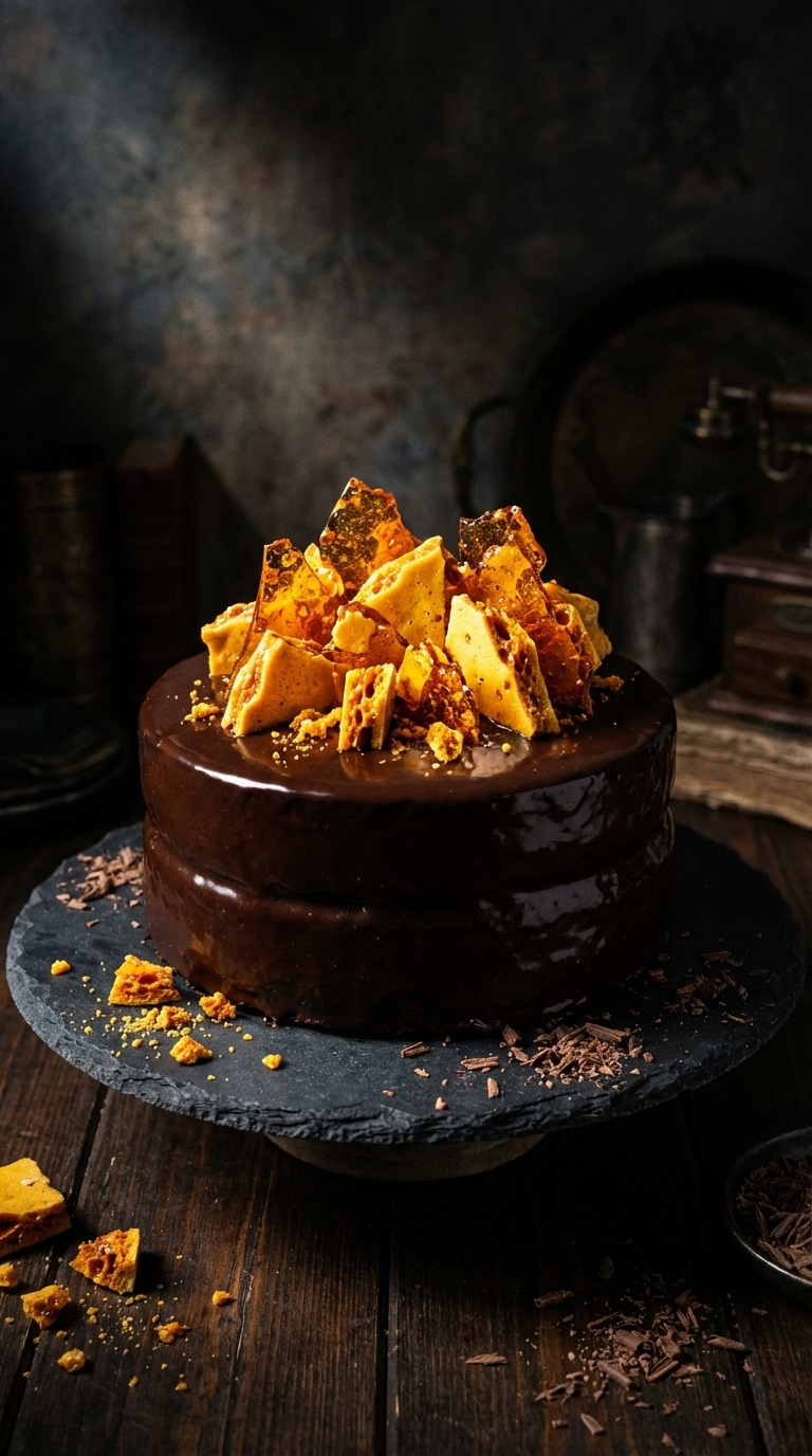 A dark chocolate cake covered in ganache, topped with a pile of golden crunchy honeycomb shards on a dark background.