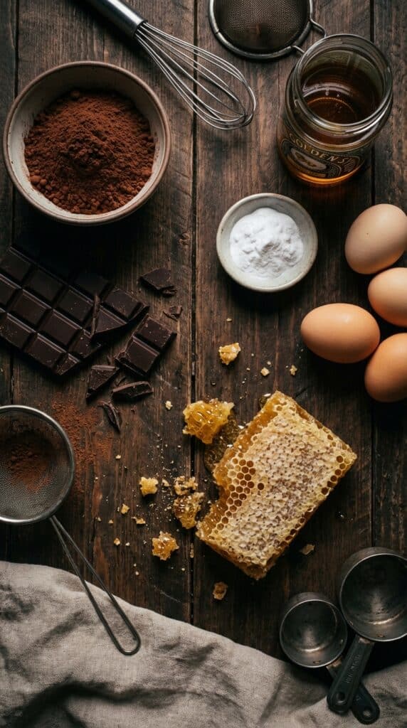 A flat lay showing cocoa powder, dark chocolate, golden syrup, baking soda, and a piece of honeycomb on a dark table.