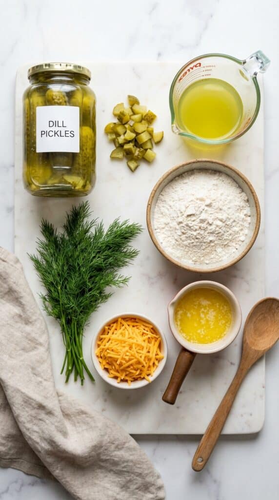 A flat lay showing a jar of pickles, a cup of pickle juice, flour, cheese, and fresh dill on a marble surface.