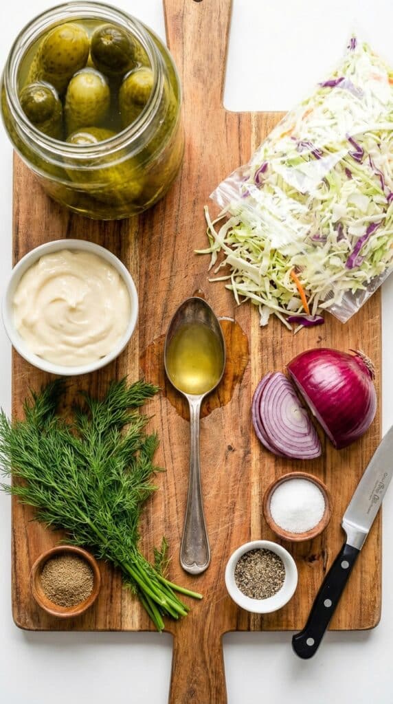 A flat lay showing a jar of pickles, mayonnaise, shredded cabbage, red onion, and fresh dill on a wooden board.