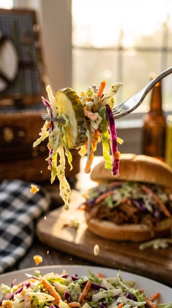 A close-up of a fork lifting creamy pickle coleslaw with a sandwich in the background.