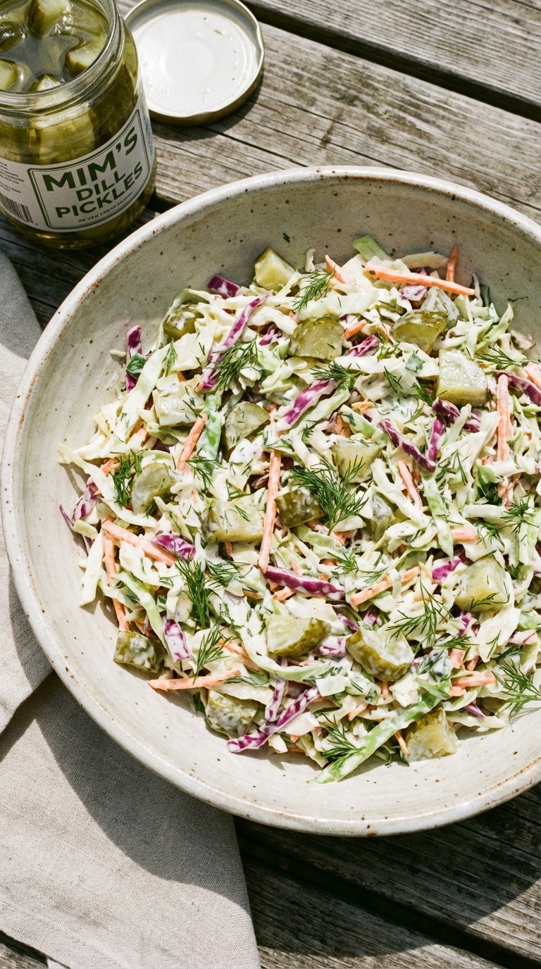 A large bowl of creamy coleslaw mixed with chopped pickles and fresh dill on a picnic table.