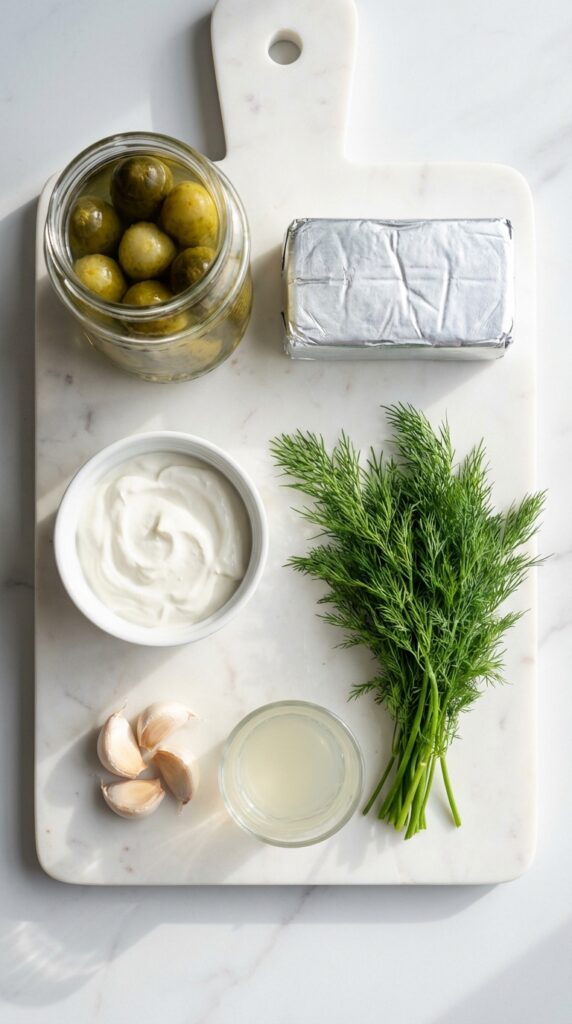 A flat lay showing a jar of pickles, cream cheese, sour cream, fresh dill, and spices on a marble board.