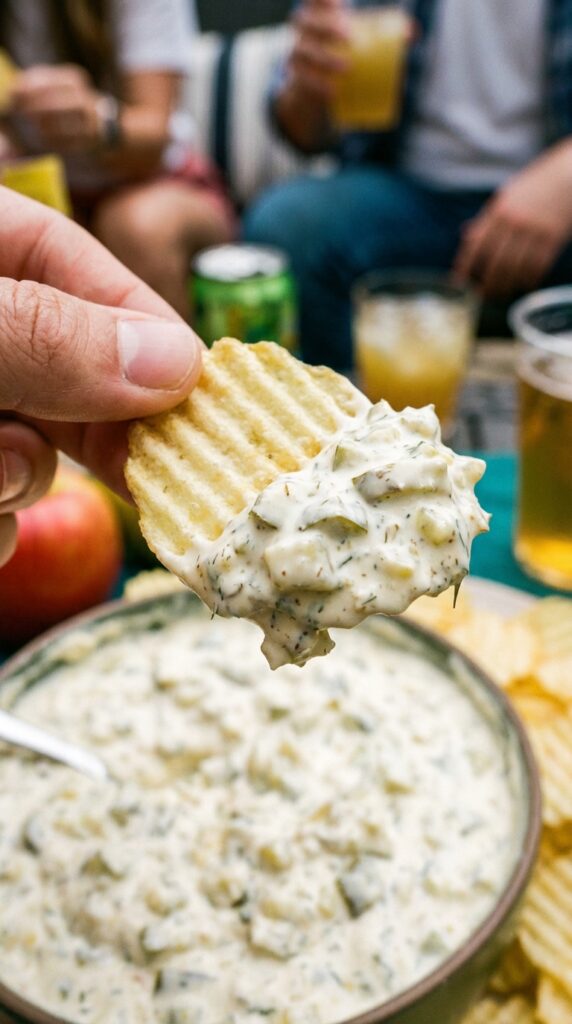 A close-up of a ruffled potato chip scooped with thick creamy dill pickle dip.