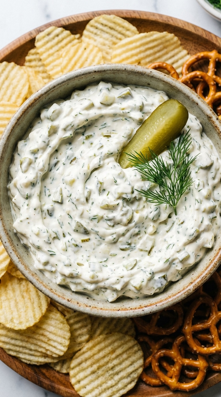 A bowl of creamy dill pickle dip garnished with fresh dill and a pickle slice, surrounded by potato chips.