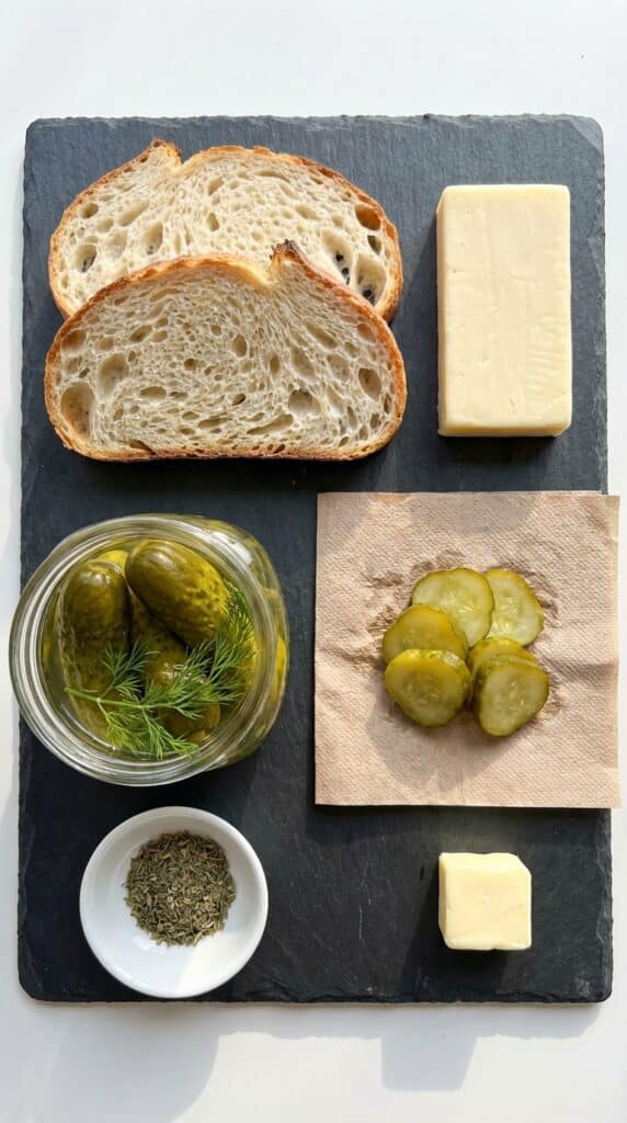 A flat lay showing sourdough bread, a jar of pickles, cheese blocks, and butter on a slate board.