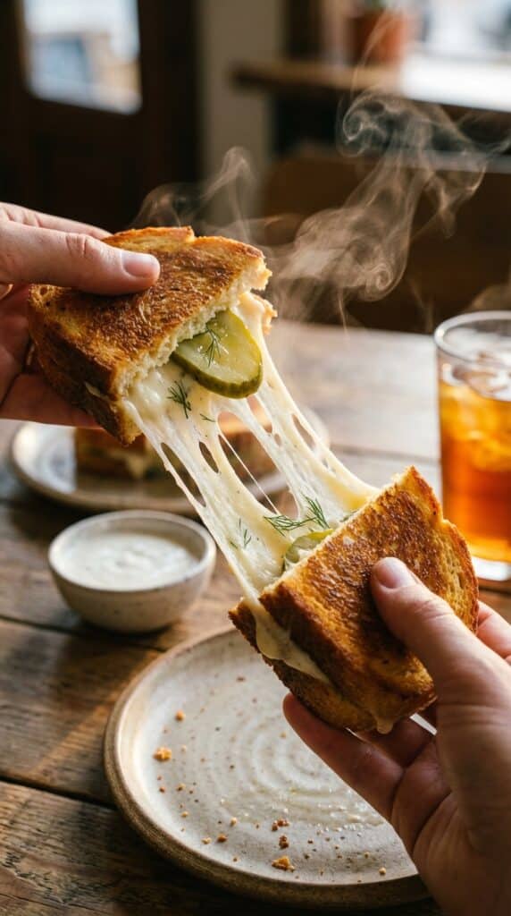 A close-up of hands pulling apart a grilled cheese sandwich to reveal stringy melted cheese and pickles.
