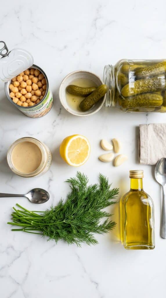 A flat lay showing chickpeas, a jar of pickles, tahini, garlic, and fresh dill on a marble table.