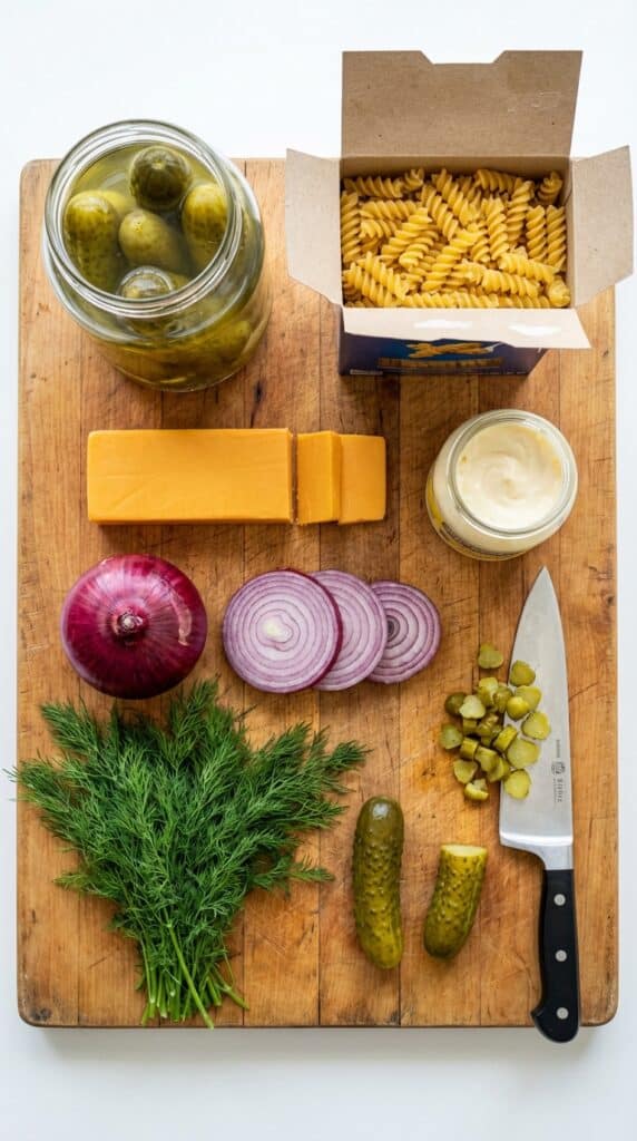 A flat lay showing a jar of pickles, dry pasta, cheddar cheese block, mayonnaise, and fresh dill on a wooden board.