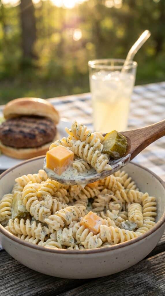 A close-up of a spoon lifting creamy pasta salad with a piece of pickle and cheese.