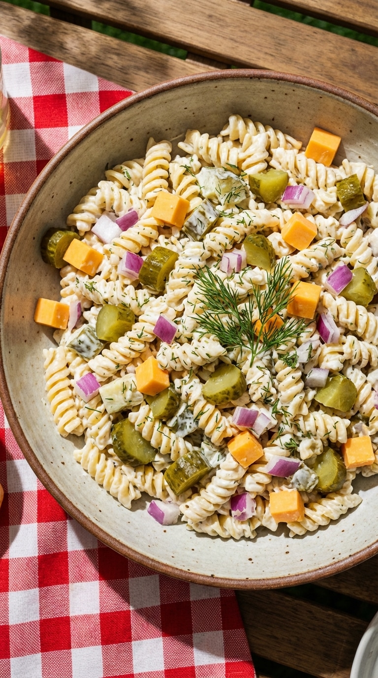 A top-down view of a large bowl of creamy pasta salad with chopped pickles, cheddar cheese, and fresh dill.
