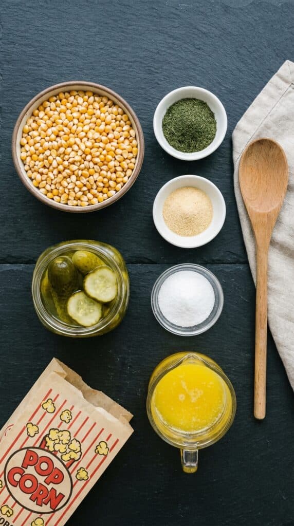 A flat lay showing popcorn kernels, dried dill, garlic powder, butter, and a jar of pickles.