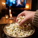 A close-up of a hand grabbing a handful of seasoned dill popcorn in a dark movie night setting.