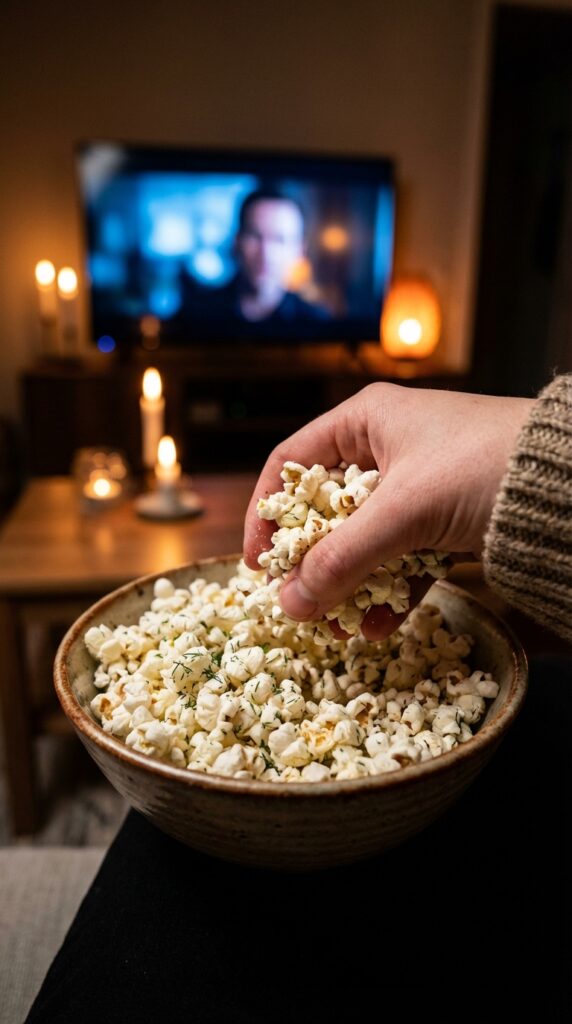 A close-up of a hand grabbing a handful of seasoned dill popcorn in a dark movie night setting.