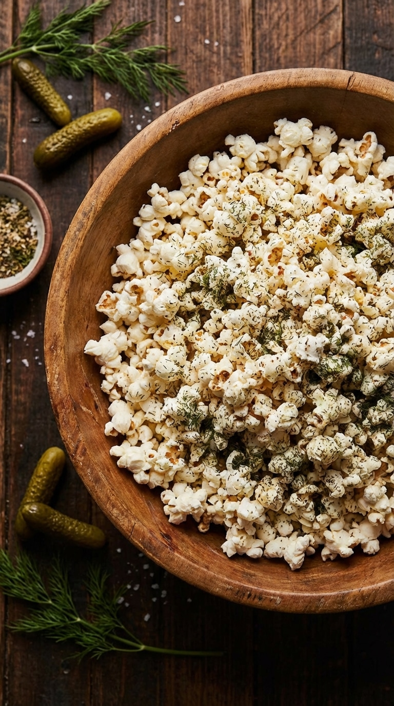 A large wooden bowl filled with popcorn seasoned with green dill and spices, sitting next to fresh pickles.