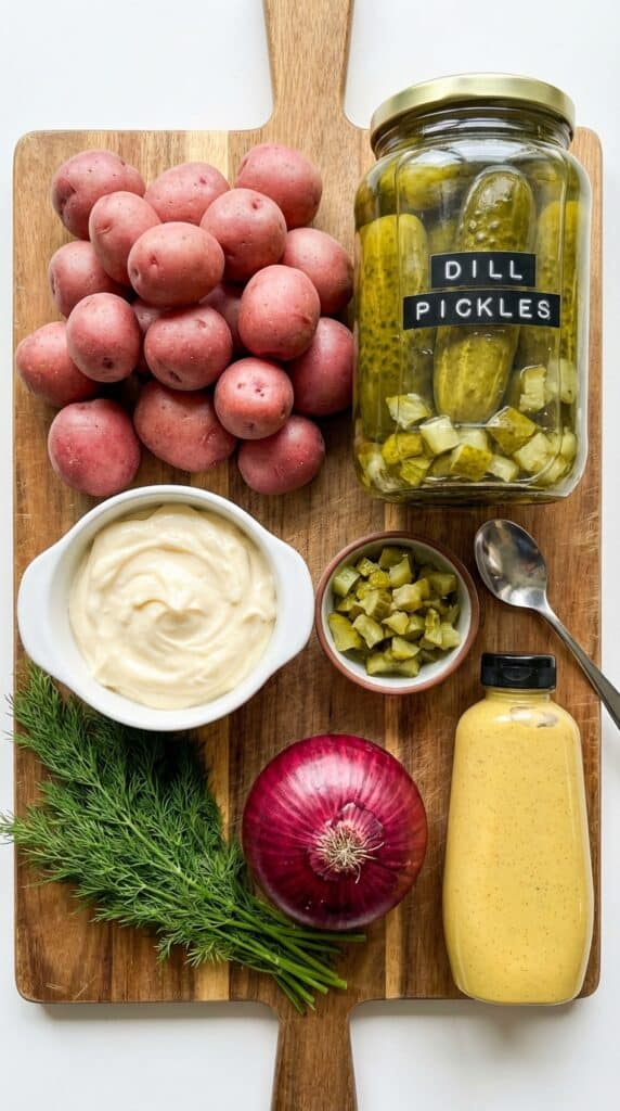 A flat lay showing raw red potatoes, a jar of pickles, mayonnaise, fresh dill, and red onion on a wooden board.