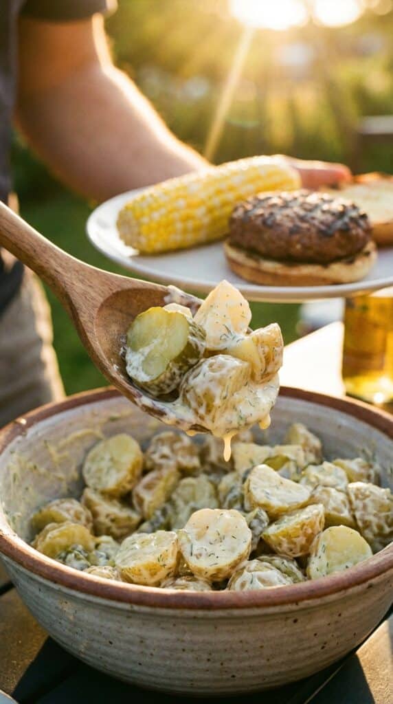 A close-up of a spoon lifting creamy potato salad with pickles, with a burger in the background.