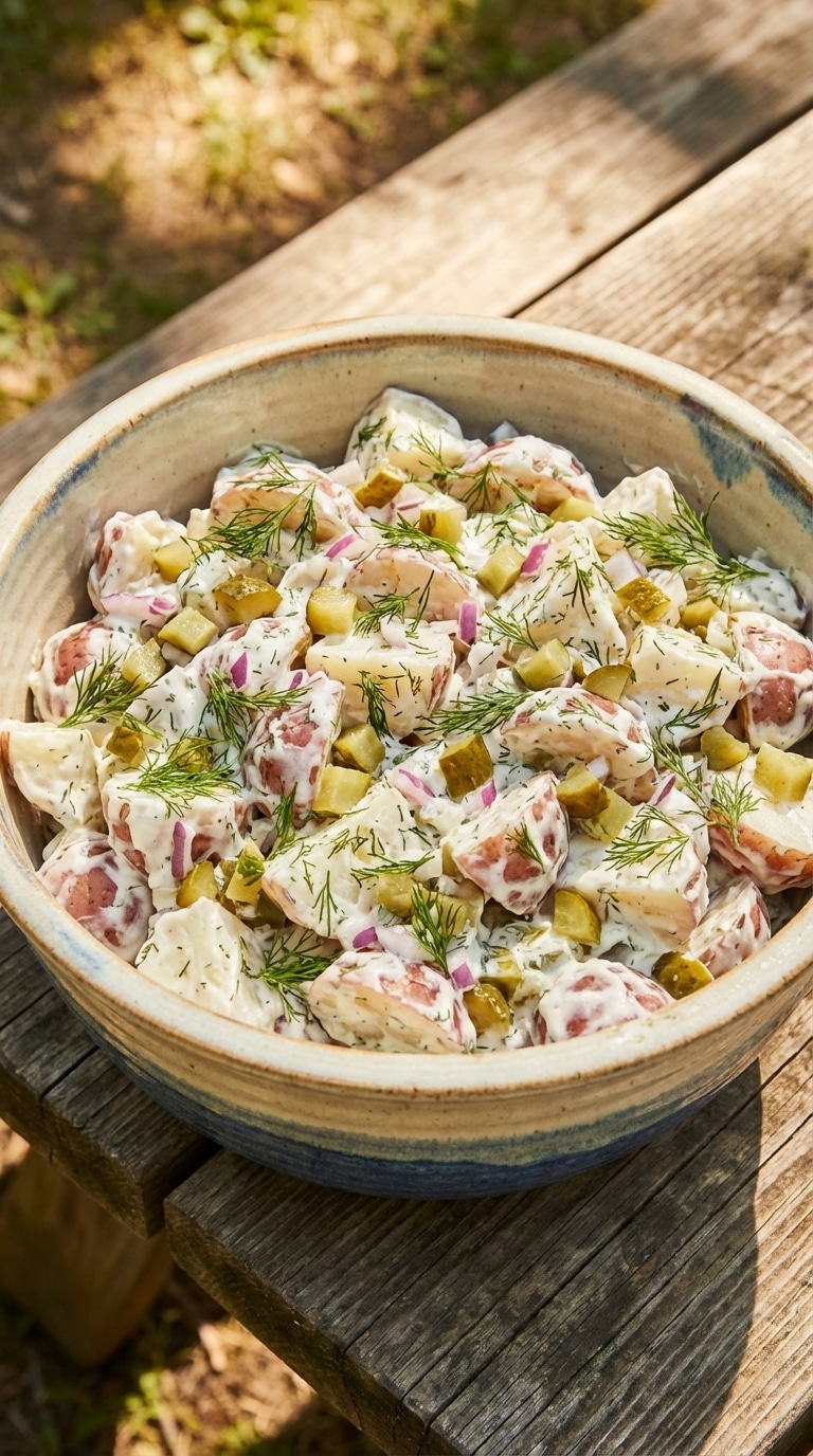 A top-down view of a large bowl of creamy potato salad with visible chunks of dill pickles and fresh dill garnish.