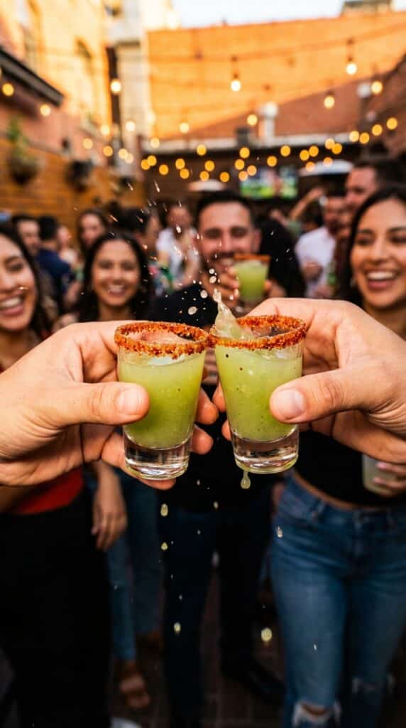 Two hands toasting with pickle shots, liquid splashing, with a blurred party background.
