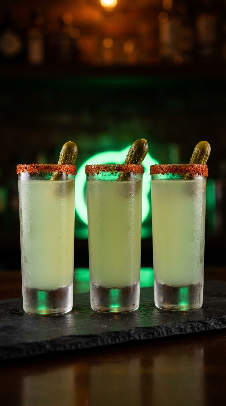 Three frosty shot glasses filled with green pickle juice and vodka, rimmed with red spice and garnished with mini pickles.