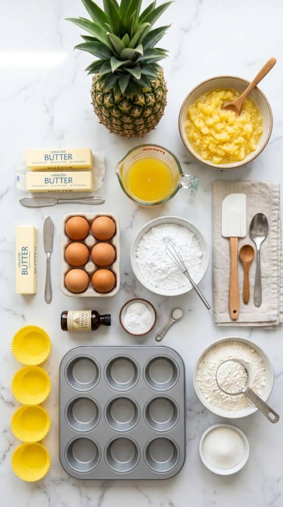 A flat lay showing a whole pineapple, crushed pineapple, juice, butter, powdered sugar, eggs, and cupcake liners on marble.