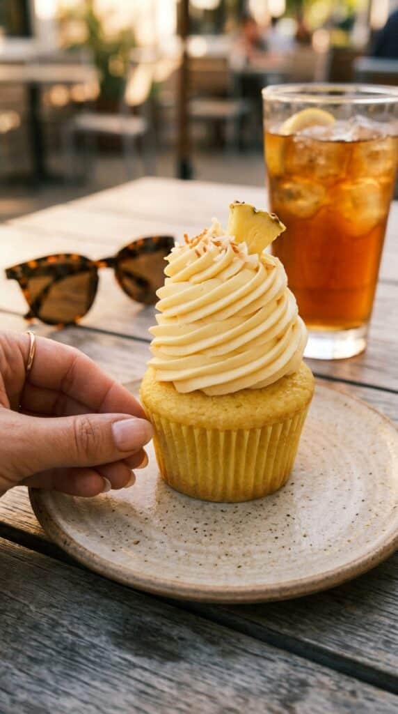 A close-up of a halved pineapple cupcake showing the moist interior and tall yellow frosting swirl.