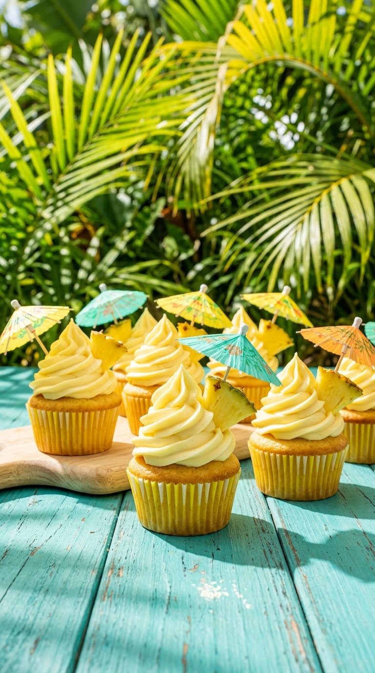 A batch of yellow pineapple cupcakes with tall soft-serve style frosting and tiny paper umbrellas on a turquoise table.