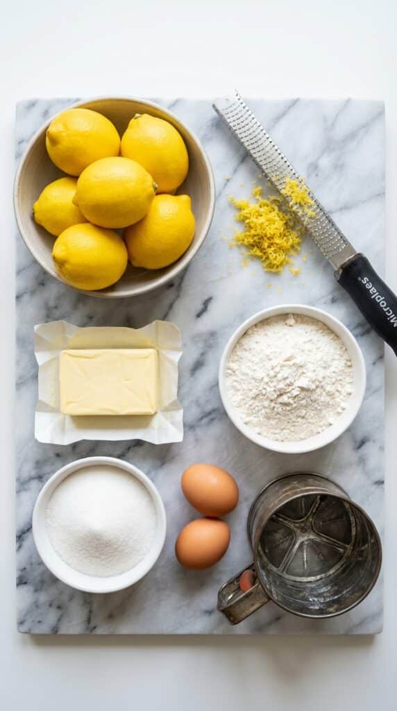 A flat lay showing fresh lemons, zest, butter, flour, sugar, and eggs on a marble surface.