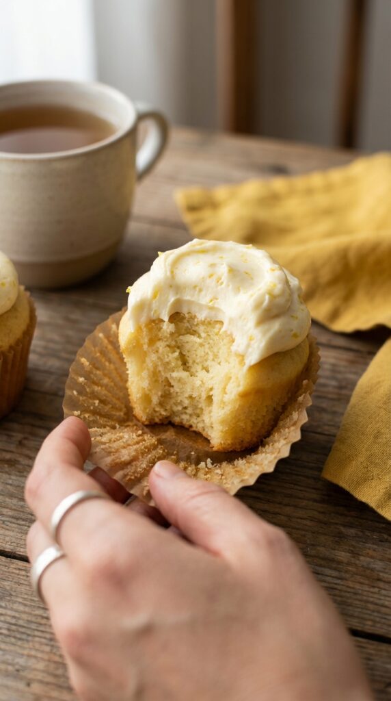 A close-up of a hand holding a lemon cupcake with a bite taken out, showing the fluffy texture inside.
