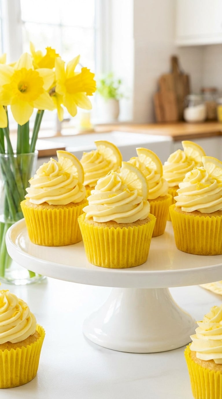 A cake stand filled with lemon cupcakes in yellow liners, topped with lemon buttercream and fresh lemon slices.