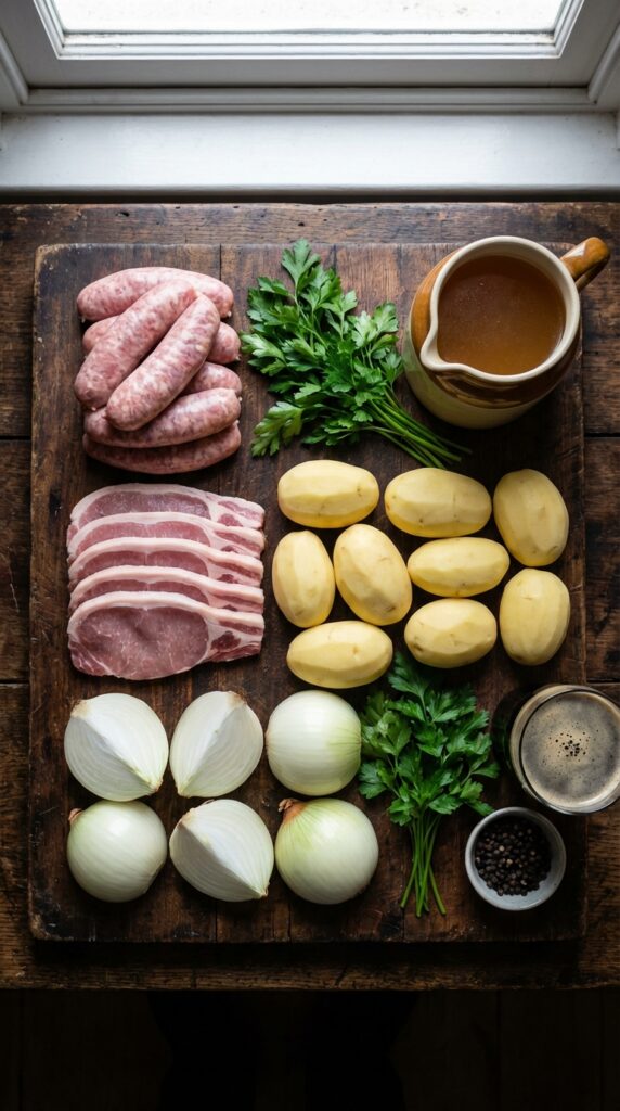 A flat lay showing raw sausages, bacon, potatoes, onions, and parsley on a wooden board.