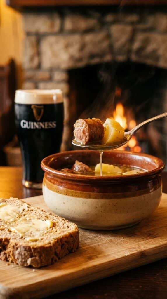A close-up of a spoon lifting sausage and potato from a bowl of coddle, with soda bread on the side.