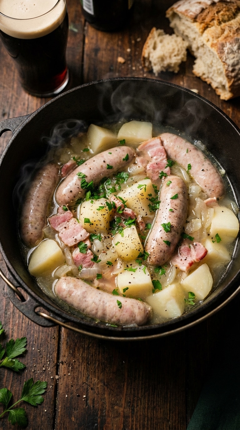 A top-down view of a pot filled with Dublin Coddle: sausages, bacon, potatoes, and onions in broth.
