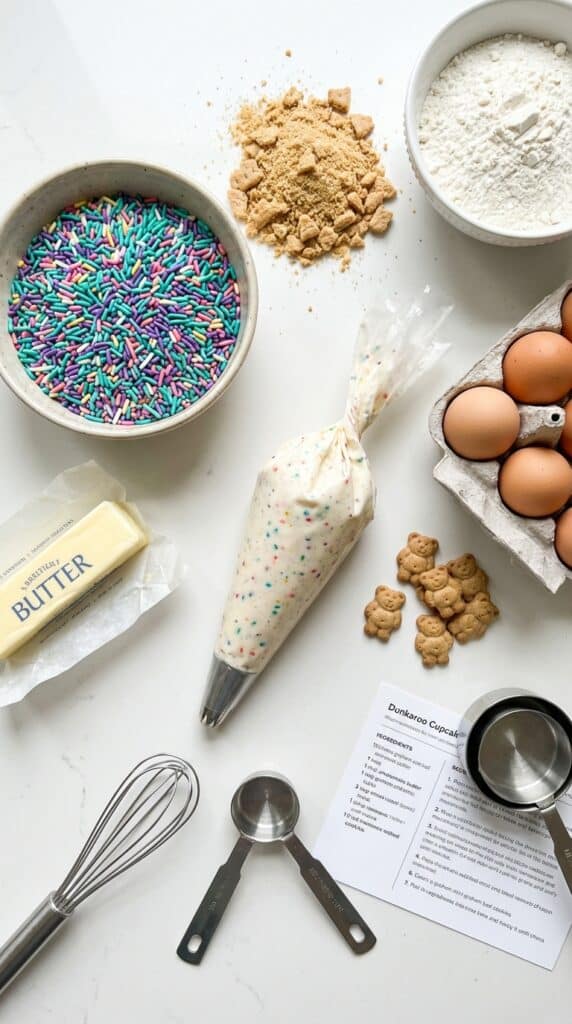 A flat lay showing rainbow sprinkles, graham crackers, mini bear cookies, flour, eggs, and butter on a white counter.