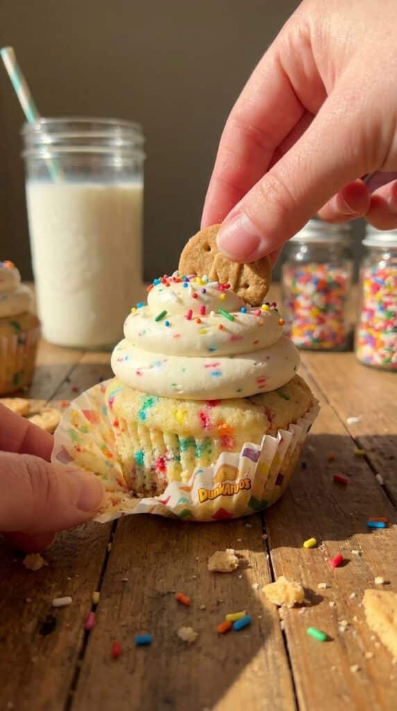 A close-up of a hand peeling the wrapper off a funfetti cupcake while dipping a graham cookie into the speckled frosting.