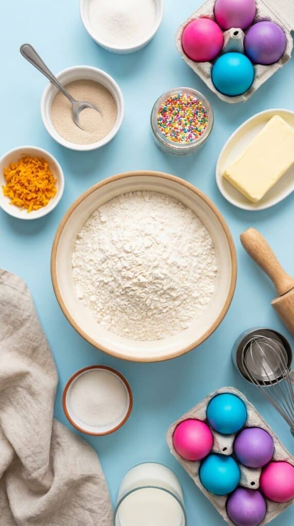 A flat lay showing flour, yeast, butter, sprinkles, and a carton of dyed pastel eggs on a blue surface.
