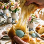 A close-up of hands pulling apart a piece of soft braided Easter bread containing a blue egg.