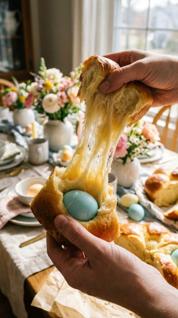 A close-up of hands pulling apart a piece of soft braided Easter bread containing a blue egg.