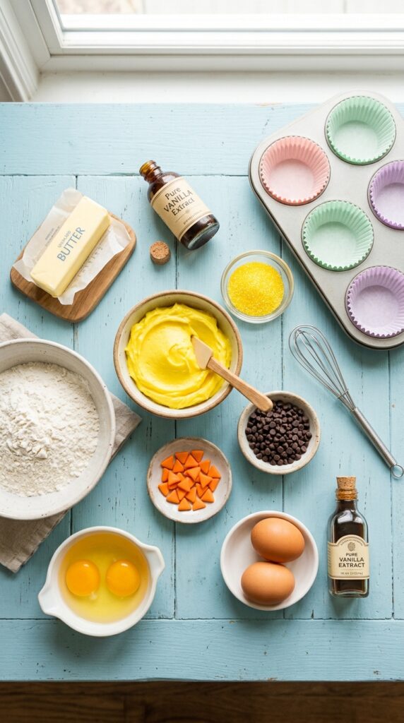 An overhead flat lay of baking ingredients, yellow frosting, yellow sugar, chocolate chips, and orange candies on a blue wooden board.