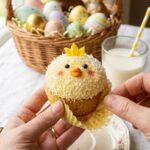 A close-up of a hand peeling the wrapper off a cute yellow chick cupcake, with an Easter basket in the blurred background.