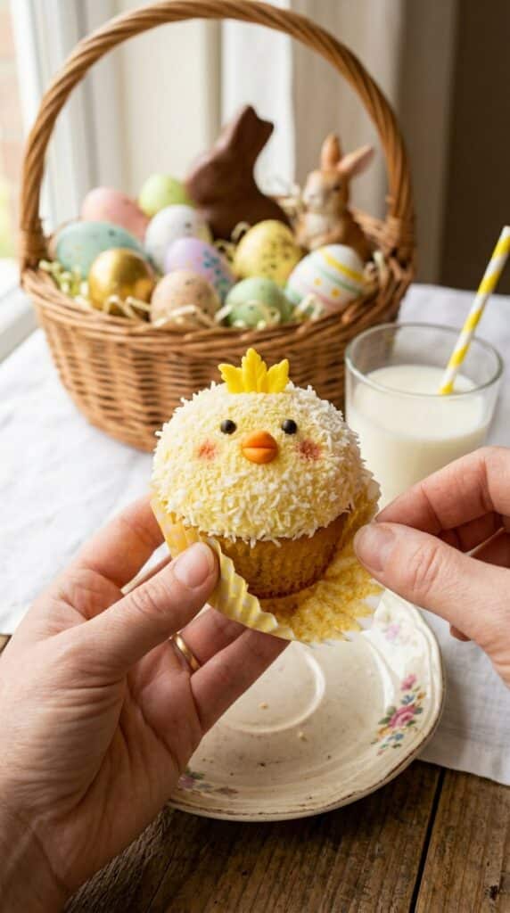 A close-up of a hand peeling the wrapper off a cute yellow chick cupcake, with an Easter basket in the blurred background.