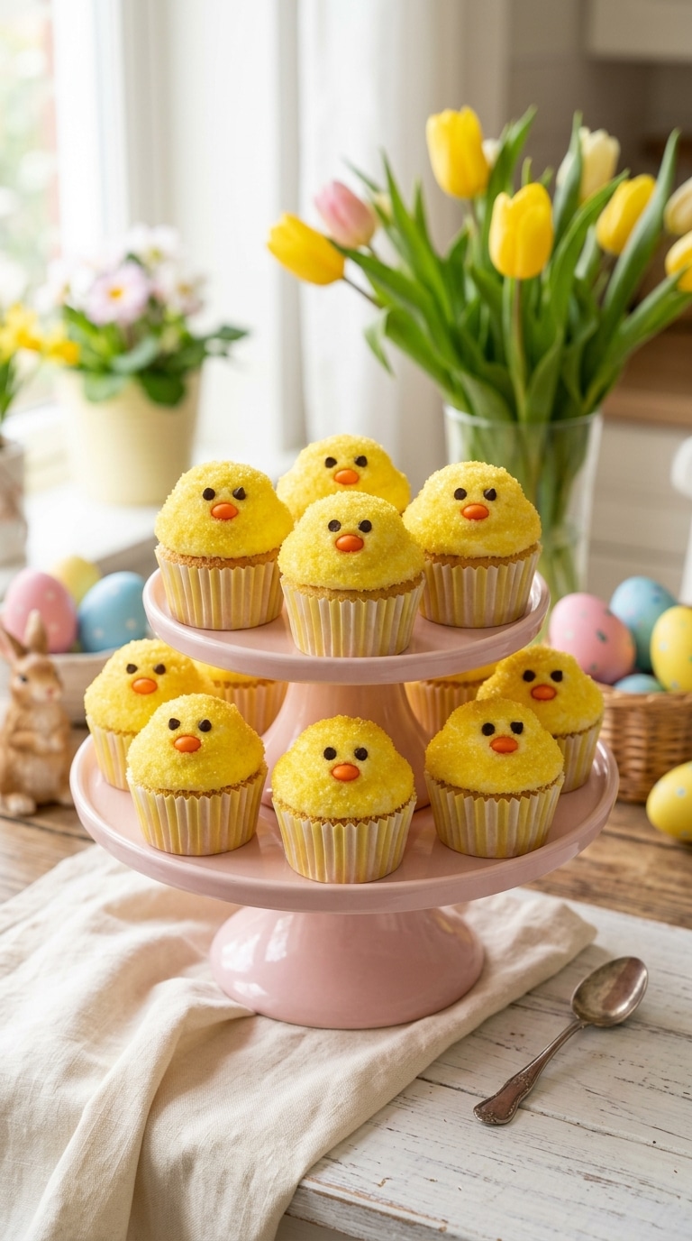 A cake stand filled with cute yellow cupcakes decorated to look like baby chicks, with tulips and Easter eggs in the background.