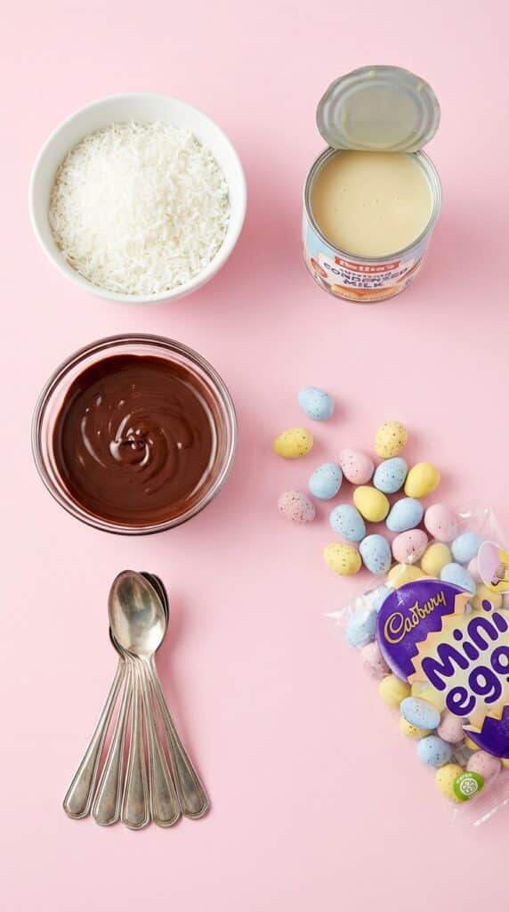 A flat lay showing shredded coconut, condensed milk, chocolate, spoons, and mini eggs on a pink table.