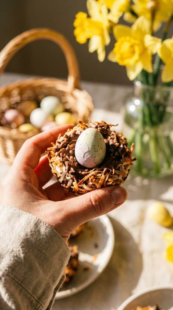 A close-up of a hand holding a chocolate spoon topped with a coconut nest and mini eggs.