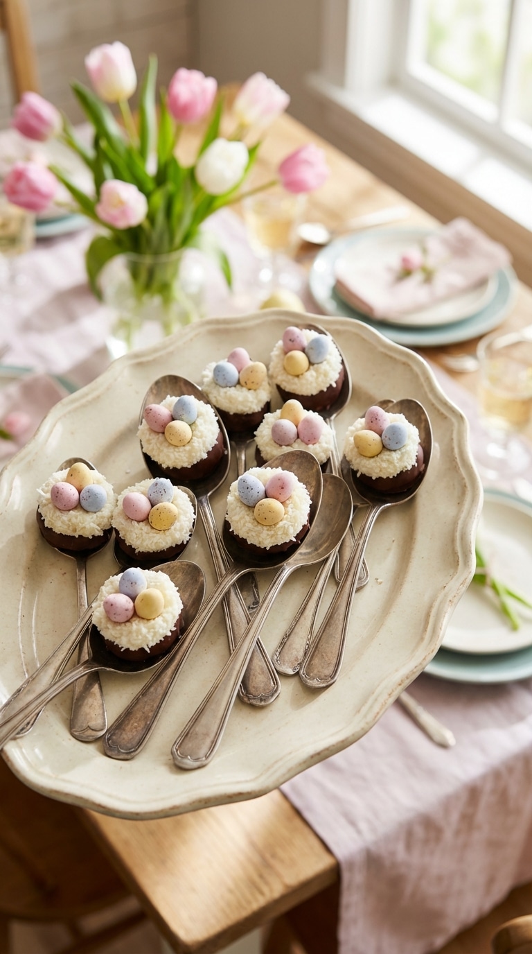Silver spoons filled with chocolate and a coconut nest topping holding pastel Easter eggs.
