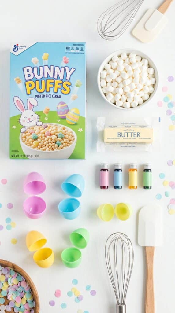 A flat lay showing rice cereal, marshmallows, butter, food coloring, and plastic Easter eggs.