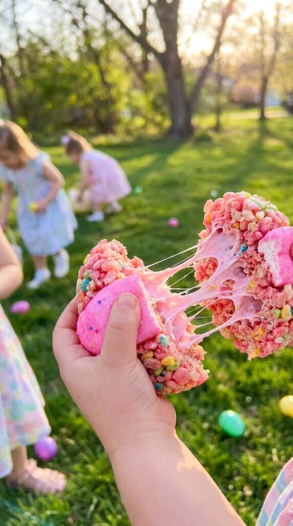 A close-up of a hand holding a pink cereal treat egg, pulling it apart to show the gooey marshmallow.