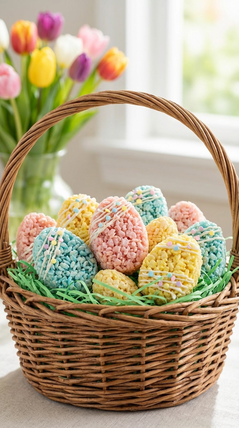 A woven basket filled with pastel pink, blue, and yellow rice cereal treats shaped like Easter eggs.