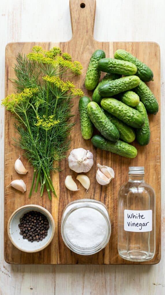 A flat lay showing pickling cucumbers, fresh dill, garlic, peppercorns, and vinegar on a wooden board.